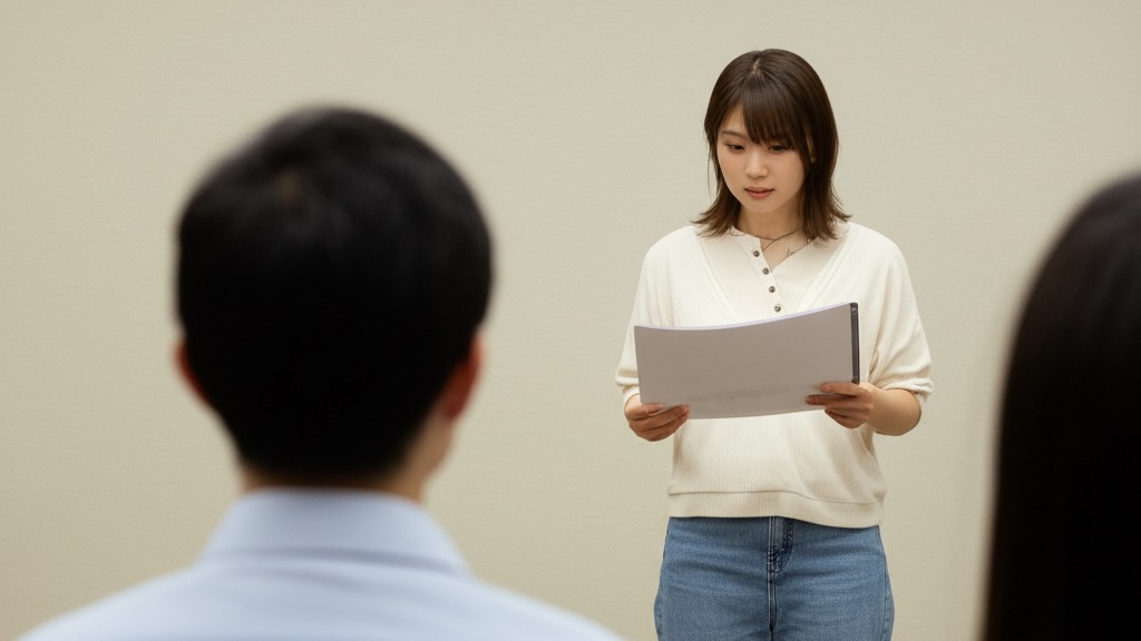 アミューズメントメディア総合学院のオーディションを受ける専門学校生